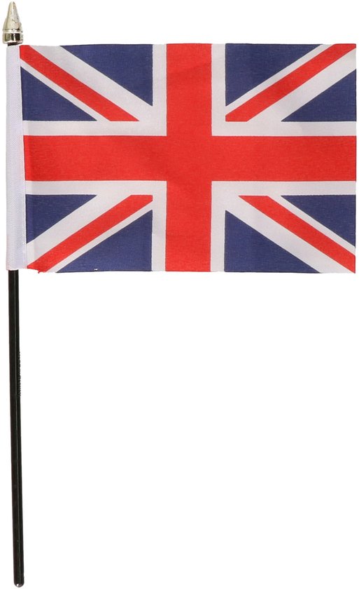 Kleine Britse vlag met Union Jack patroon op een zwarte stok.