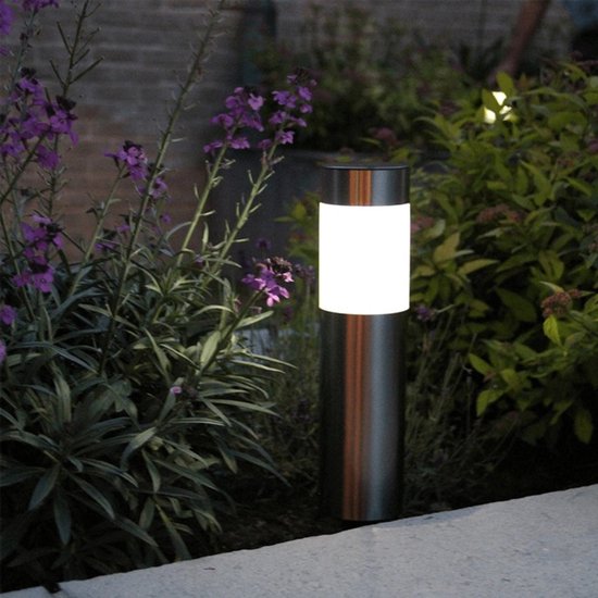 Zilverkleurige RVS solar tuinlamp met warm wit licht naast paarse bloemen en groene struiken.