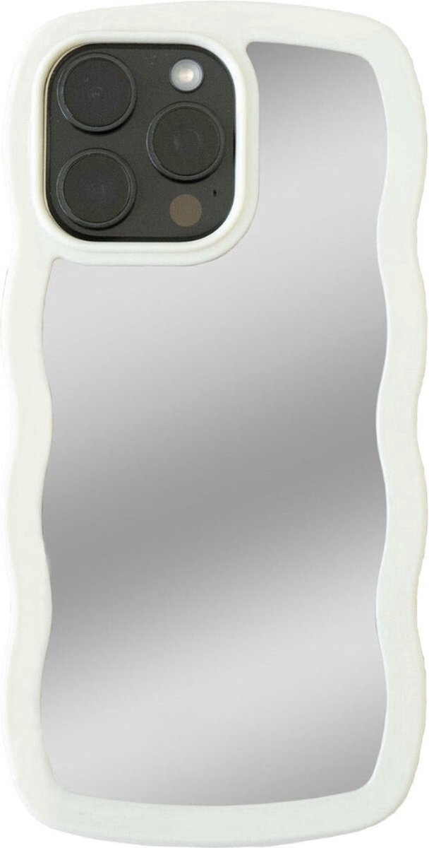 Beige Spiegelhoesje met Wavy Design – Geschikt voor iPhone 13 en 14 – TPU Beschermhoes met Glanzende Afwerking
