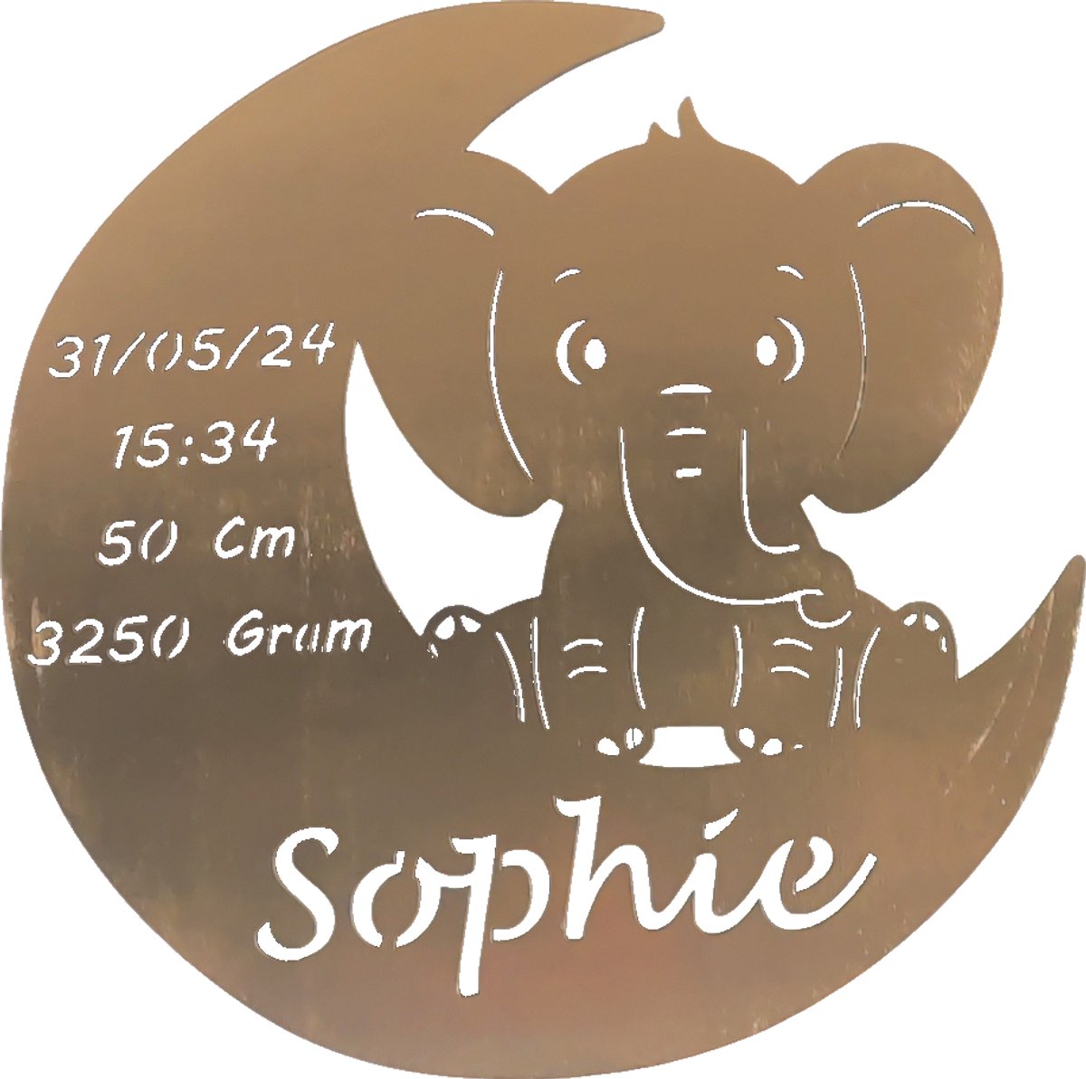 Goedkoopste Gepersonaliseerd Houten Geboortebord met Maan en olifant – Uniek Kraamcadeau met Naam, Geboortedatum, Gewicht en Lengte - 38cm - Goud