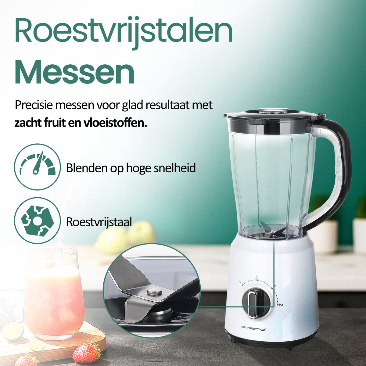 Emerio Blender 1.5L - Smoothie Maker met 2 Snelheden - RVS Messen en Vaatwasmachinebestendig - 500W - Blender-to-Go BL-124816.7 - Wit – foto 6