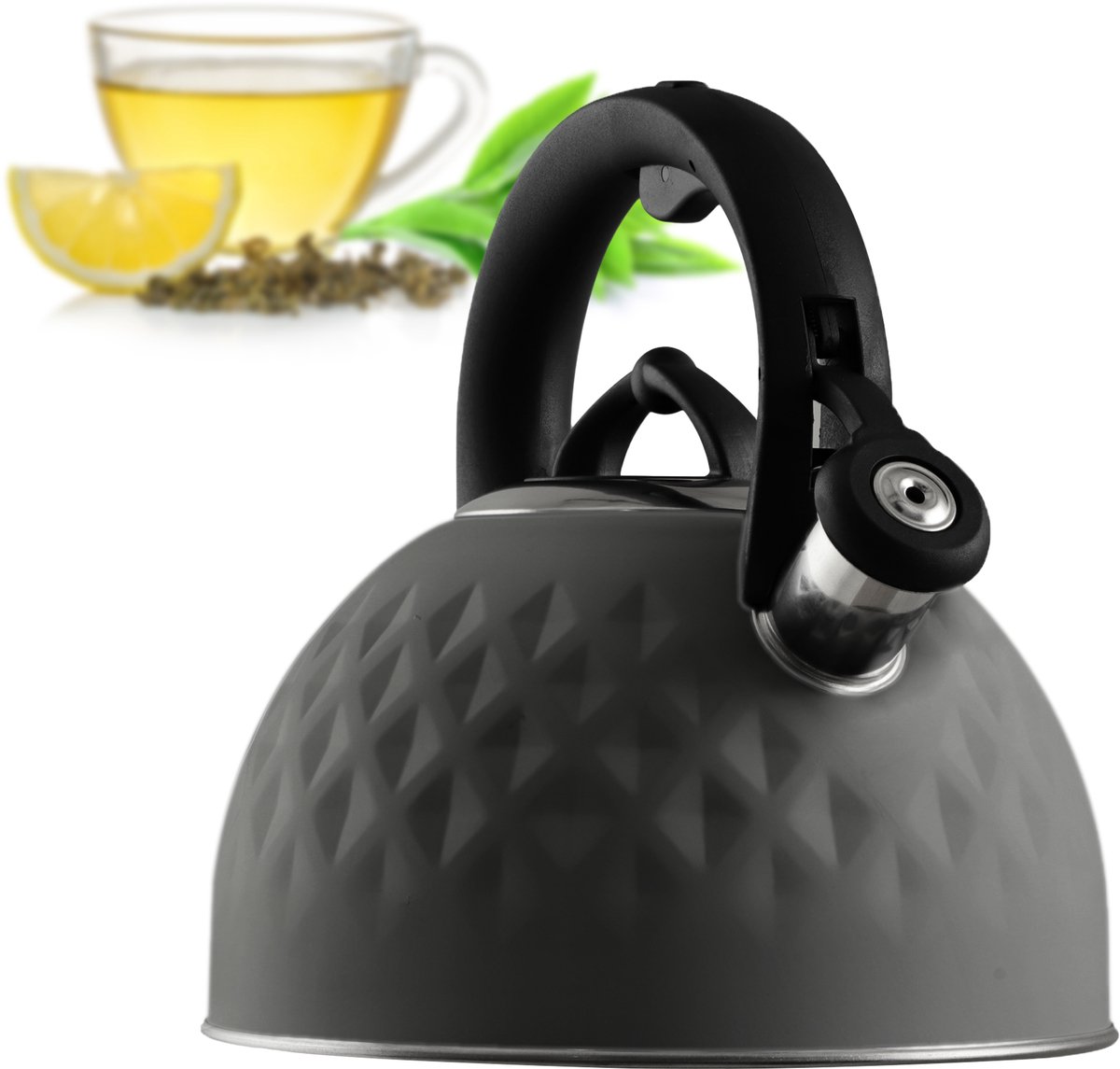 KADAX Waterketel van roestvrij staal, emaille ketel met handvat, theeketel, retro waterkoker voor alle warmtebronnen, theekoker, fluitketel, fluitketel (grijs, 2,5 l)