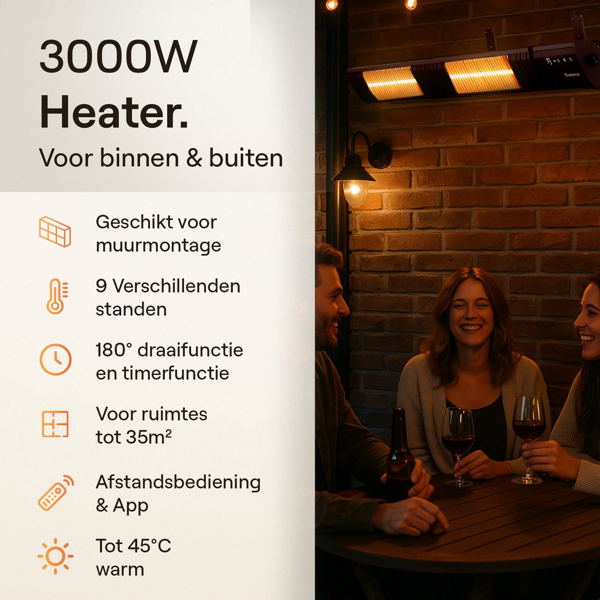 Flowsense Heater - Terrasverwarmers 3000W - Elektrisch Hangend - Infrafrood Verwarming - Voor 35m2 ruimtes - Binnen & Buiten - Incl. Afstandsbediening – foto 8