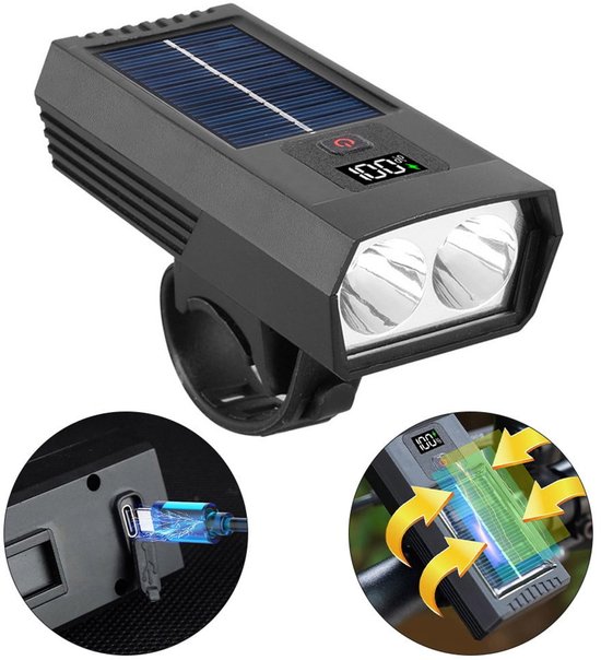 Solar & USB Fietslamp - 1000lm Hoge Helderheid - Anti-Verblindend LED Licht - Met Batterij Indicator - IPX5 Waterdicht - Zwart (10x4.5x2.5cm) — afbeelding 2