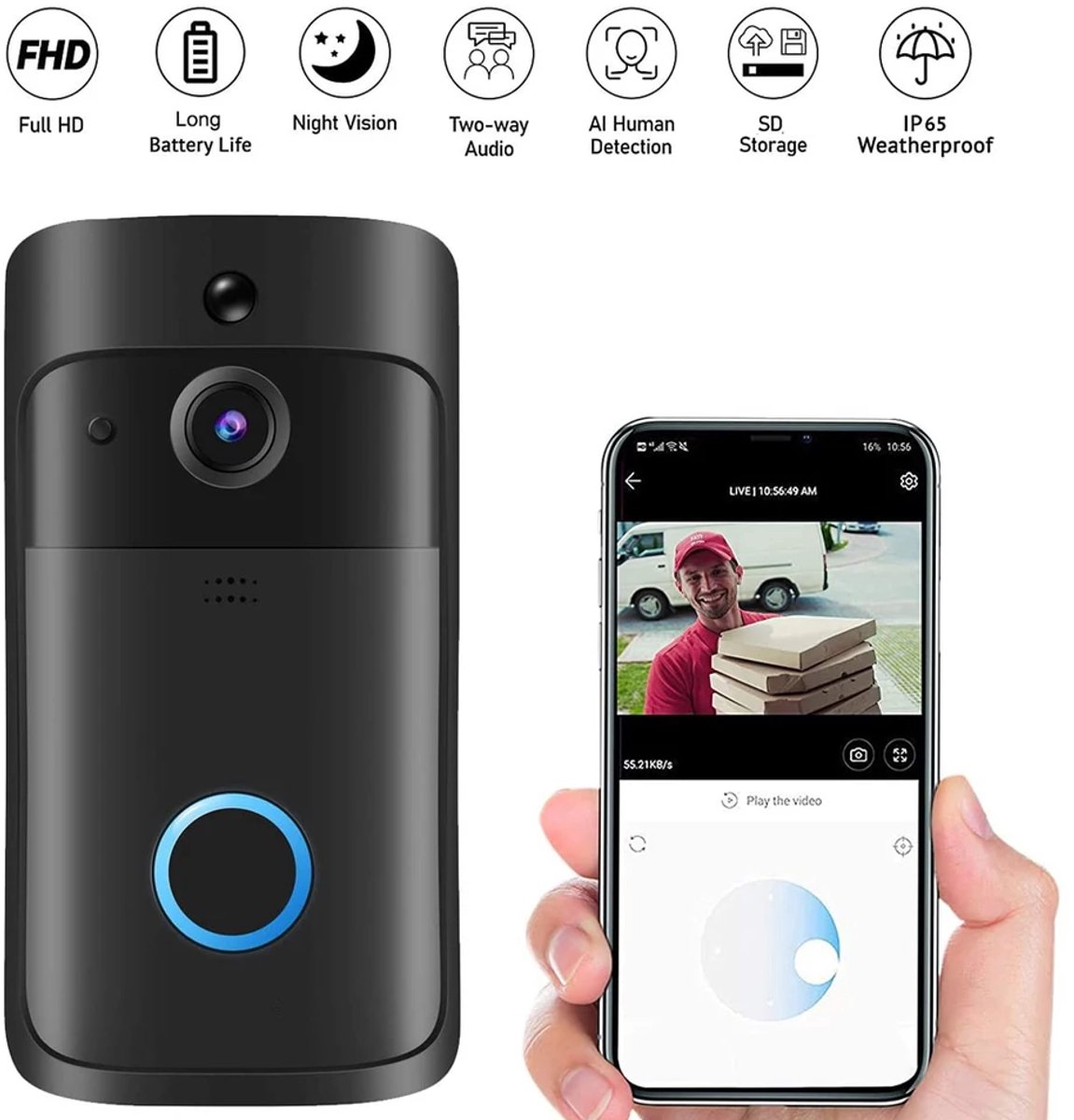Afbeelding 3 van Video deurbel met camera - Deurbel met beeld - Slimme deurbel - Draadloze video deurbel - Beveiliging huis - Deurbel met app - WiFi deurbel - Nachtzicht - Tweeweg audio - Beveiligingscamera voordeur - Voor smartphone en tablet