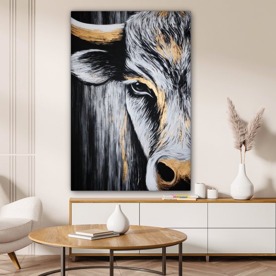 Tableau sur toile 80x120 cm - Décoration murale exclusive Taureau - Cornes - Museau - Or - Décoration murale salon - Décoration chambre - Accessoires chambre - Peintures sur toile