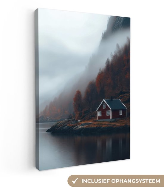 Canvas schilderij 90x140 cm - Exclusieve wanddecoratie Huis - Rood - Bergen - Water - Muurdecoratie woonkamer - Slaapkamer decoratie - Kamer accessoires - Schilderijen op canvas