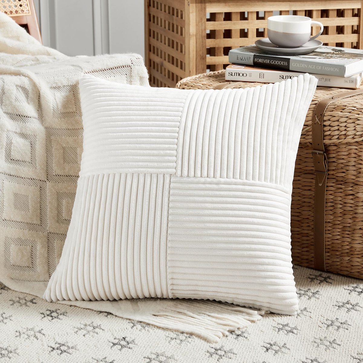 Ibenzoa Kussensloop in crèmewit van zacht corduroy voor decoratieve sierkussens in huis en tuin