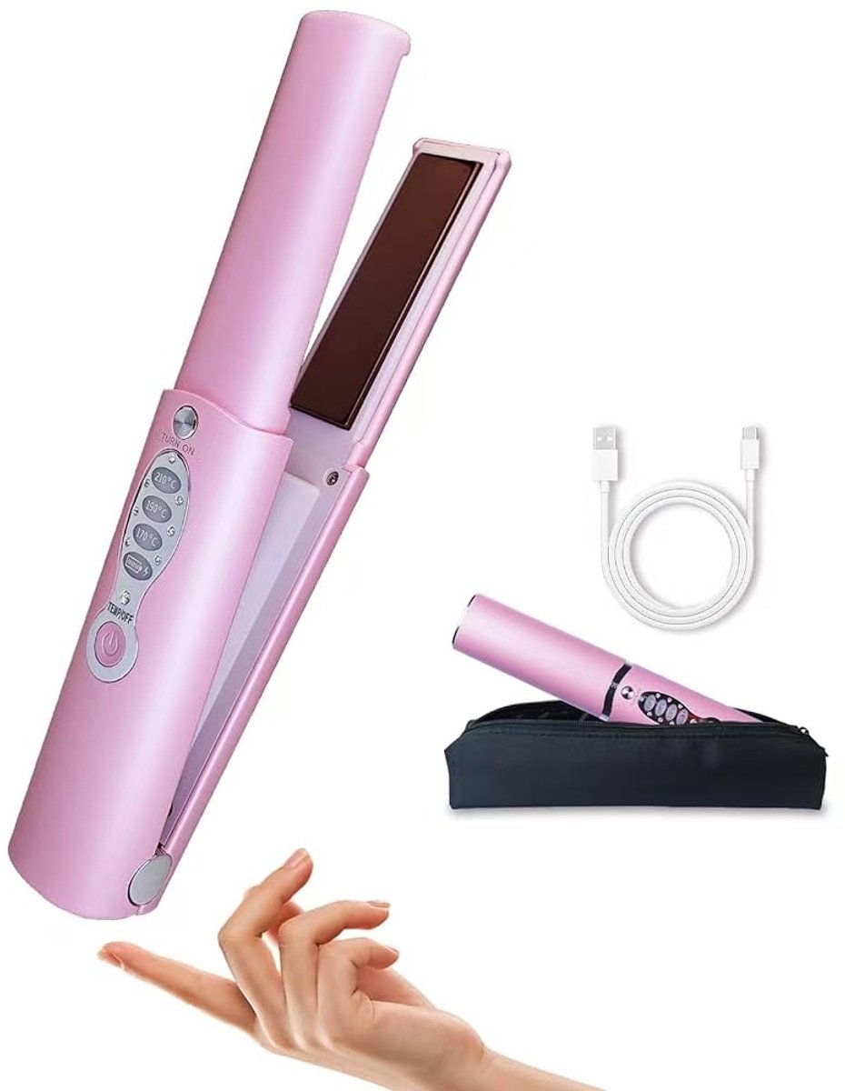 Black Friday Roze Draadloze 2-in-1 stijltang & krultang – Titanium platen, 5000mAh accu, 3 temperatuurstanden – Snelle opwarming – Mini & draagbaar voor op reis – Geschikt voor alle haartypes