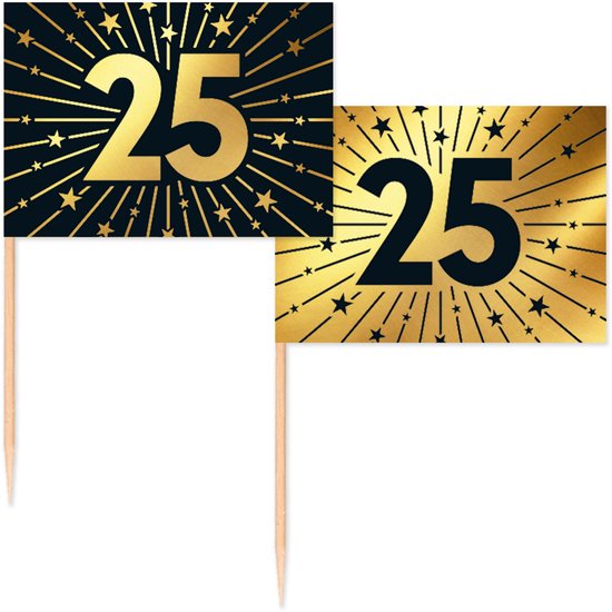 Twee vlagprikkers met "25" in goudkleurige cijfers op een donkere achtergrond met gouden sterren en stralen.