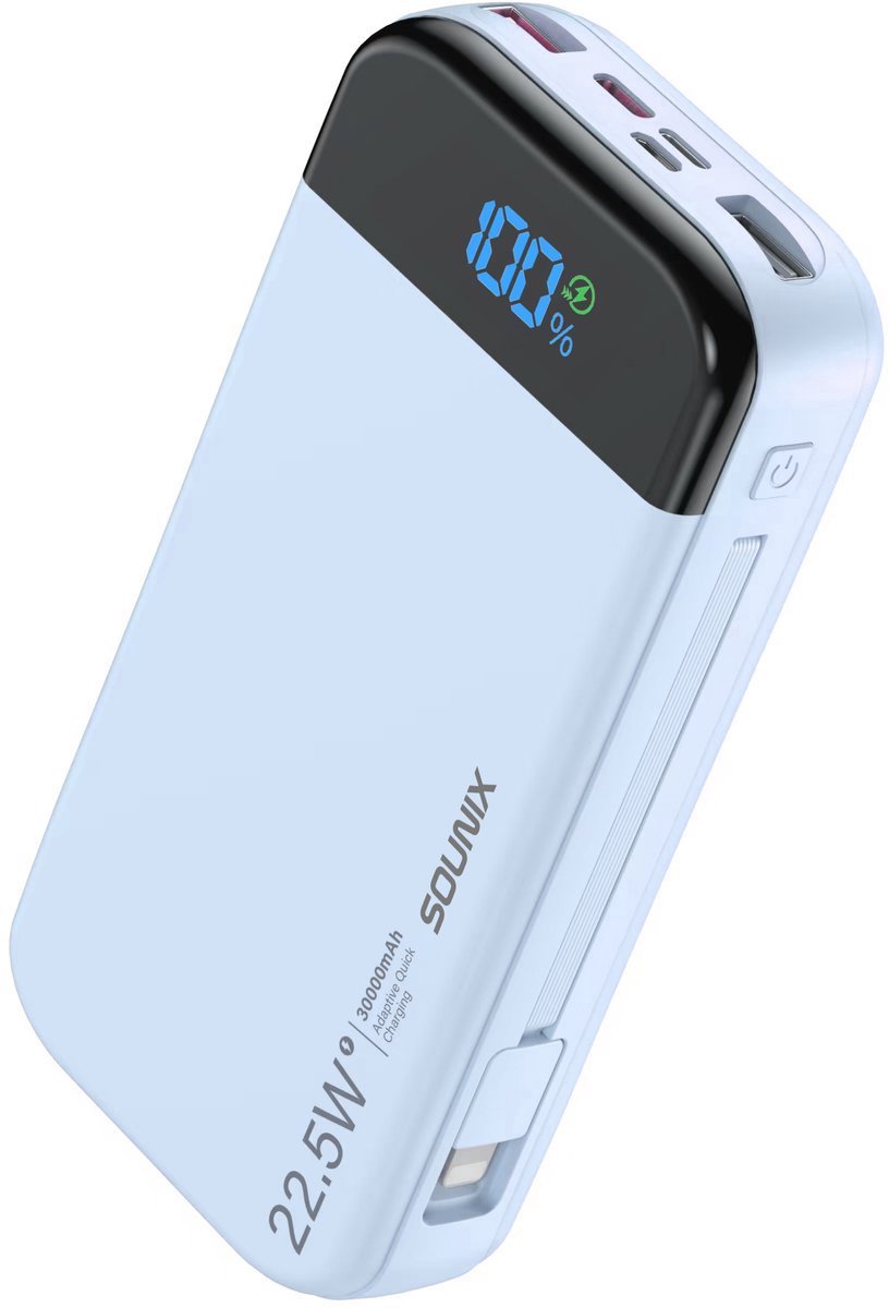 Sounix Powerbank 30.000 mAh met kabels - 5 Oplaadpoorten - 1 Stuk - Lightning, USB A, USB C & Micro USB - 22.5W Snellader & batterij LED-display - Geschikt voor o.a. iPhone & Samsung - Blauw