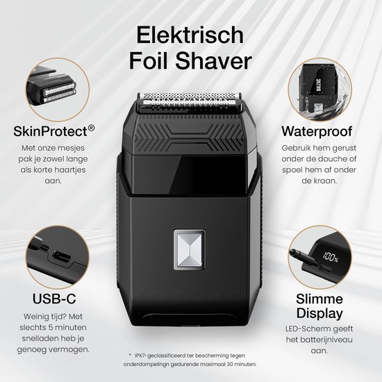 Zwart BALZAC elektrisch folie scheerapparaat met USB-C en waterdichte aanduiding.