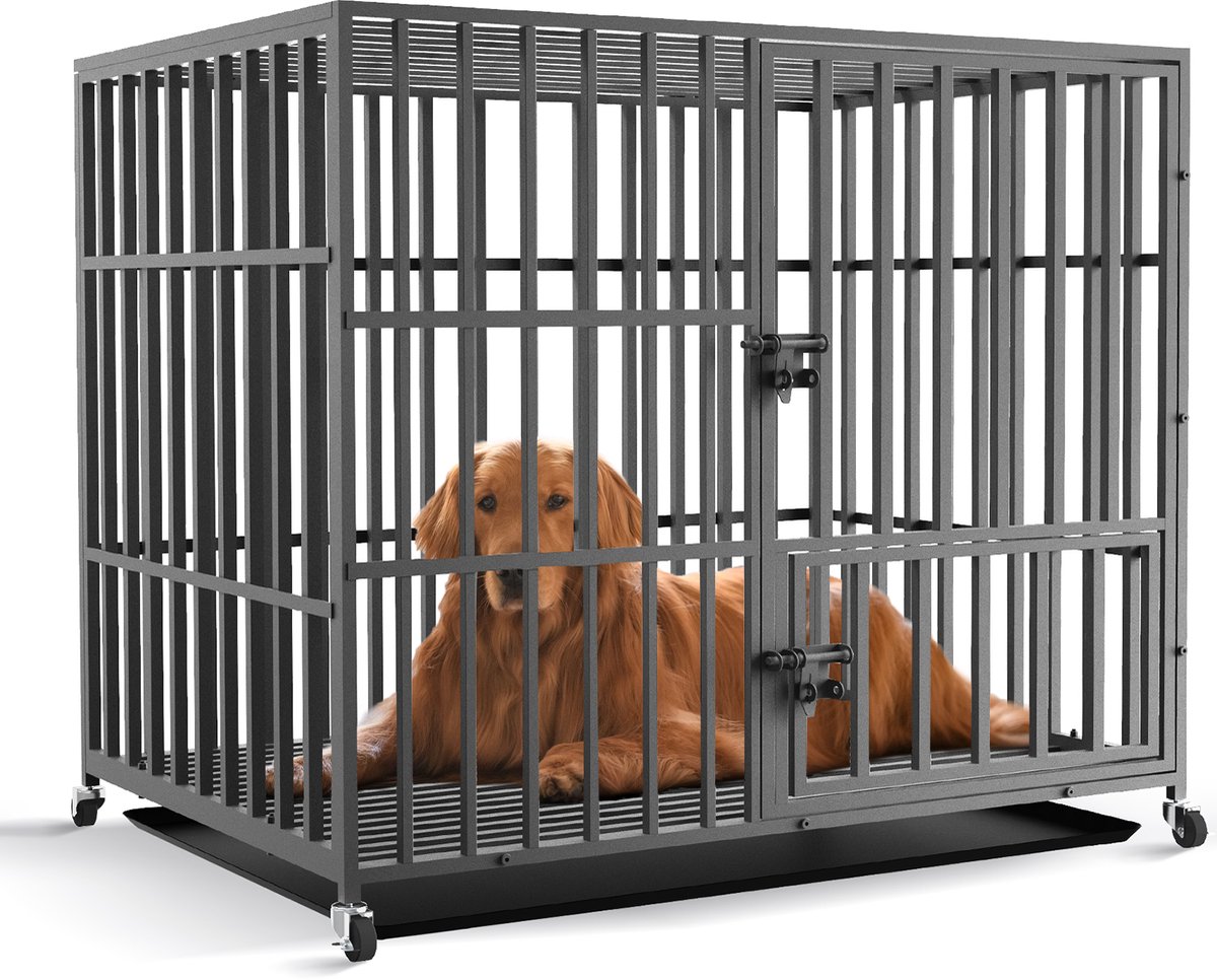 BingoPaw Heavy Duty hondenbench - Extra grote dierenkooi op wielen - met scheurbestendige vierkante buis - Metalen militaire puppykooien - met 2 ontsnappingsbeveiligingen en bak - Zwart XXL 117 x 84 x 86,5 cm