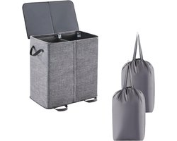 Wasmand met deksel-wasmand 2 vakken- uitneembare waszak - 2 compartimenten - opvouwbaar ontwerp - geschikt voor slaapkamer of badkamer - grote inhoud met handvat - grijs - 50x60x35cm