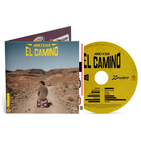 Albumhoes van "El Camino" met man op rode koffer, en bijbehorende CD met gele achtergrond.