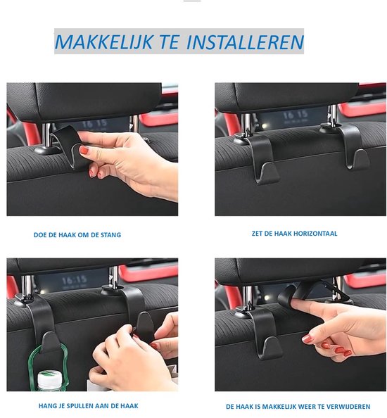 Auto organizer - autostoel organizer - hoofdsteun haken - haakjes - hanger - kleerhanger - handtassen - boodschappen - kleding - 4 stuks - Auto Accessoires van Merkloos — afbeelding 3