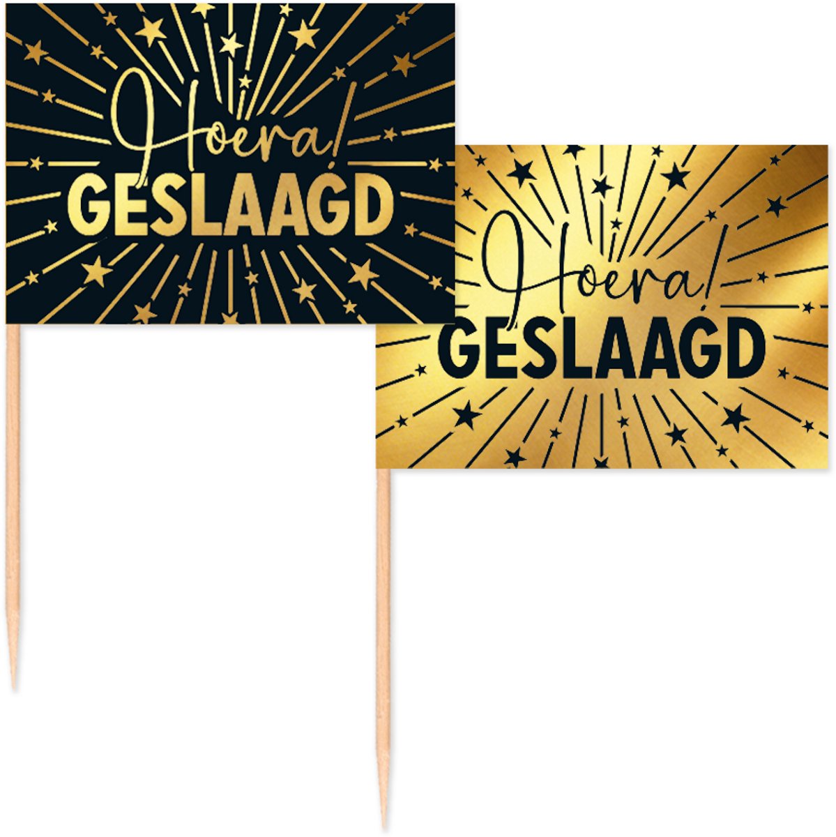 50 Vlagprikkers goud / zwart ' Hoera! Geslaagd ' - Golden Celebrations - Hapjes Cocktailprikkers Tapas Prikkers Feestje