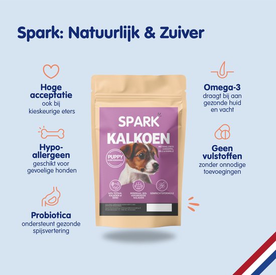 Spark Puppy Kalkoen hondenbrokken: hoge acceptatie, hypoallergeen, probiotica, omega-3, geen vulstoffen. Paarse verpakking met puppy.