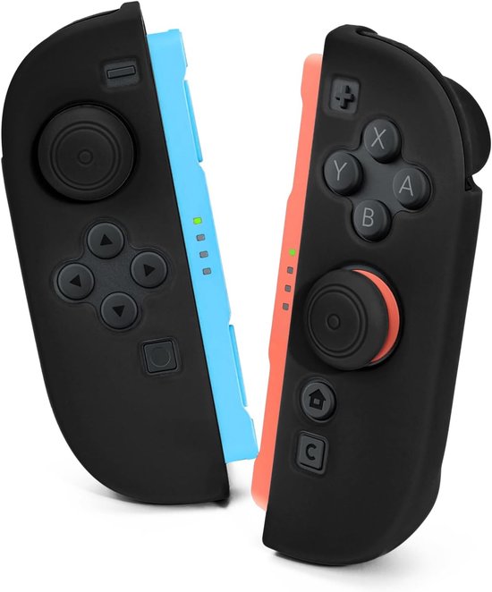 Twee zwarte Joy-Con grips, met een blauwe en oranje zijkant.