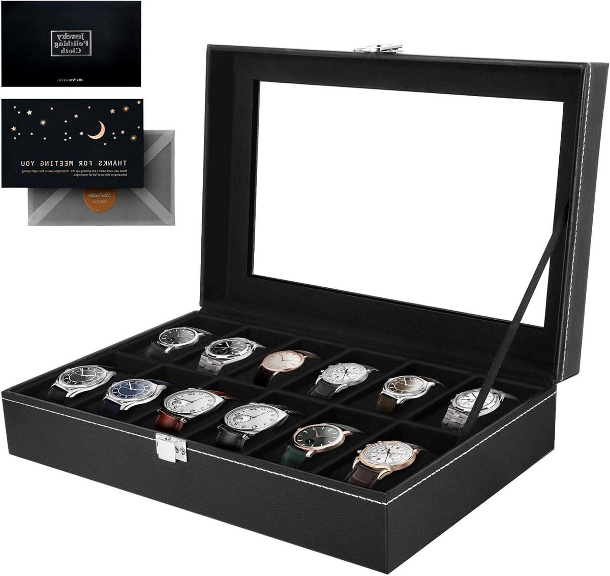 JGS Premium - Horlogebox met glazen deksel en slot voor 12 horloges