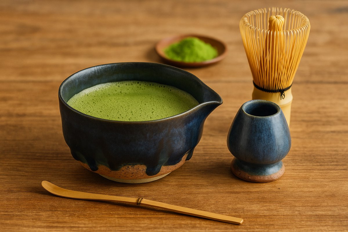 Matcha Set Kurohana – Handgemaakte Matchakom & Klopperhouder – Keramiek – Paars/Blauw/Groen – Japans Design – Chawan & Kusenaoshi – Theeritueel