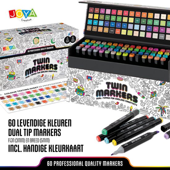 Set de 60 marqueurs de Luxe pour adultes et enfants - Marqueurs à alcool - Livre de coloriage pour Adultes - Surligneurs - Étui de rangement inclus