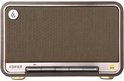 Edifier D32 speaker in donker walnoothoutlook met gouden voetjes, metalen grille en zilveren bedieningspaneel.