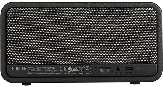 Achterkant van zwarte Edifier MP230 Bluetooth speaker met poorten en productinformatie.