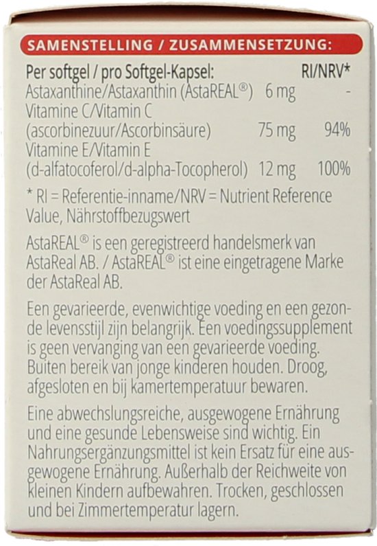 Samenstelling van Vitals Astamax 6 mg, met astaxanthine, vitamine C en E. Bescherming van cellen tegen invloeden van buitenaf.