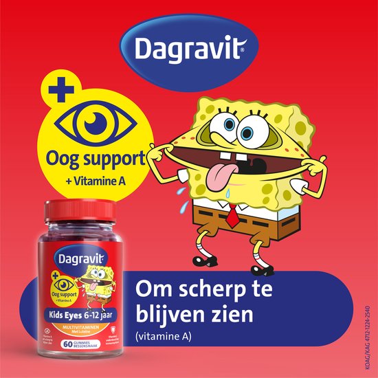 Dagravit Kids Eyes Multivitaminen met oogsupport - Multivitamine met vitaminen en mineralen - Met o.a. vitamine C en vitamine A ( luteïne) - Glutenvrij en lactosevrij - Bessensmaak - Spongebob - Leeftijd 6-12 jaar - 60 gummies