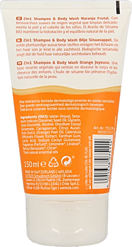 Weleda Kids 2-in-1 Shampoo & Body Wash - Sinaasappel - Reinigt Huid & Haar Zacht - Reinigt Mild & Zacht Voor Ogen - 100% Natuurlijke Ingrediënten- 150ml