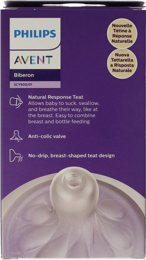 Doos van Philips Avent babyfles SCY900/01 met Natural Response speen en anti-koliek ventiel.