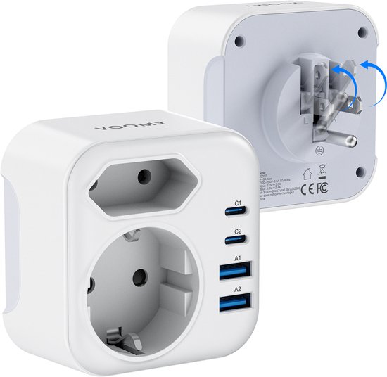Voomy Reisstekker Amerika/USA - Wereldstekker Type A & B - 2x Stopcontact - 2x USB-C & 2x USB-A - Wit