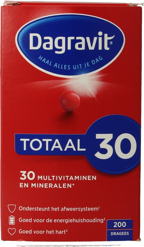 Dagravit Totaal 30: doos met multivitaminen en mineralen in het Nederlands. Biedt ondersteuning voor immuunsysteem, energiehuishouding en hart.
