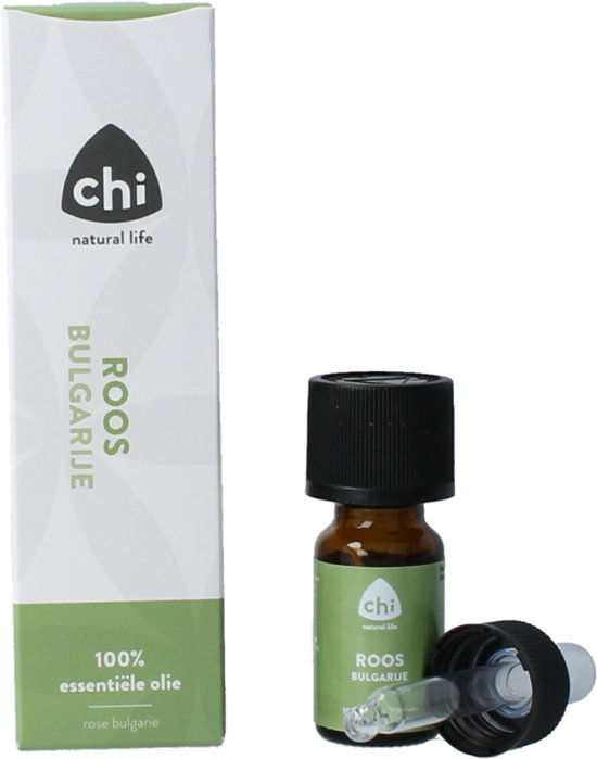 Chi Roos Bulgarije flesje met pipetje en kartonnen verpakking. 100% essentiële olie.