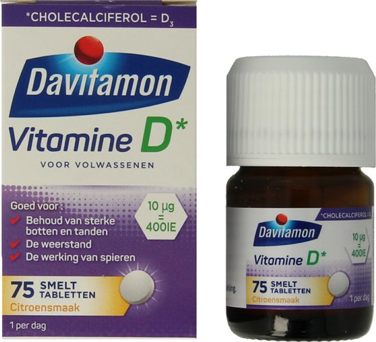 Davitamon Vitamine D* voor volwassenen, 75 smelttabletten met citroensmaak. Goed voor: sterke botten en tanden, weerstand, werking van spieren. 10 µg = 400IE.