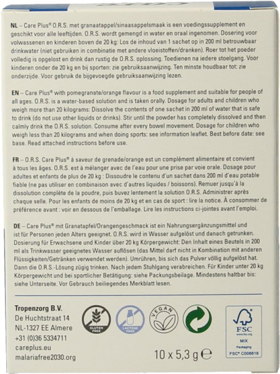 Care Plus ORS zakjes (Oral Rehydration Salt) - Granaatappel / Sinaasappel