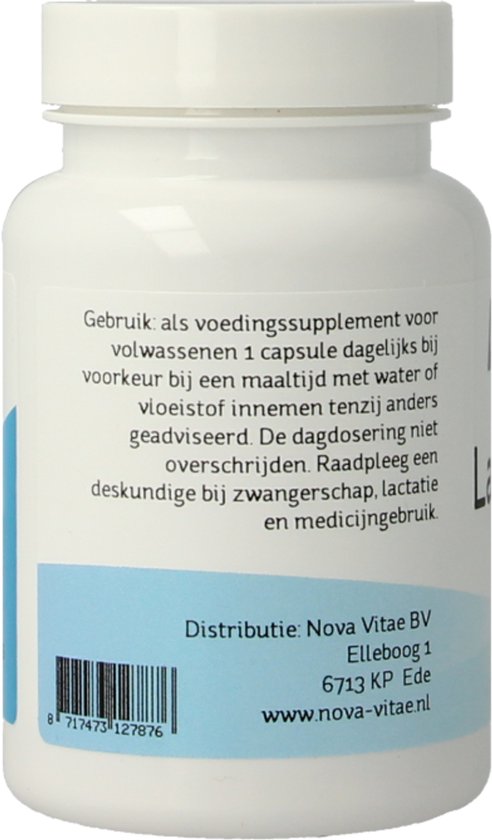 Witte pot met blauwe tekst en barcode. Gebruik als voedingssupplement voor volwassenen.