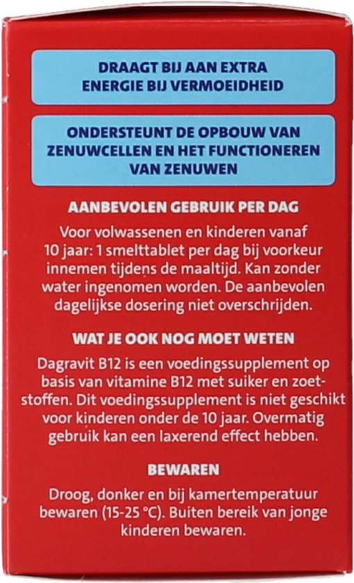 Dagravit Vitamine B12 1000µg - Draagt bij aan extra energie bij vermoeidheid en ondersteunt het functioneren van de zenuwen - 100 smelttabletten