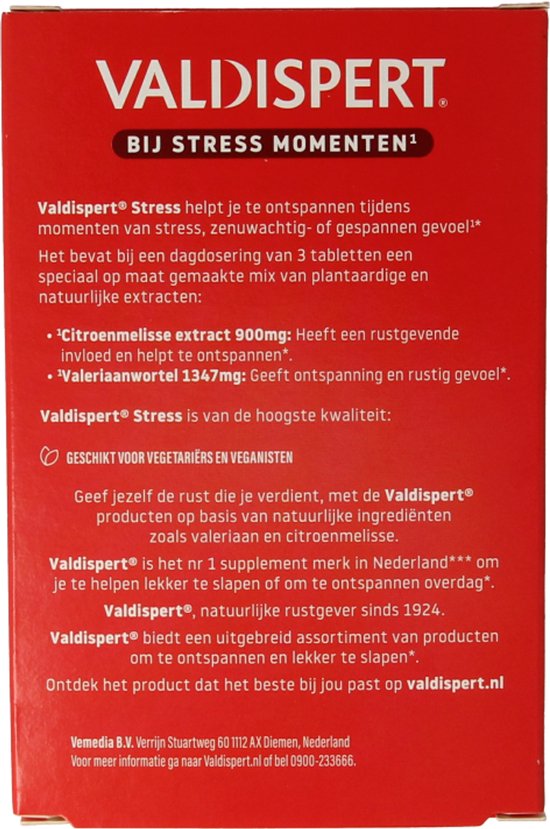 Achterkant van de verpakking 'Valdispert Stress' met productinformatie en ingrediënten, geschikt voor vegetariërs.