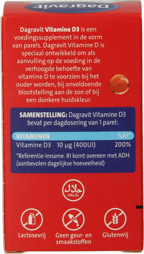 Dagravit Vitamine D 10µg parels - Ondersteunt het behoud van sterke botten en een sterk gebit - Goed opneembaar door de oliebasis - 100 parels