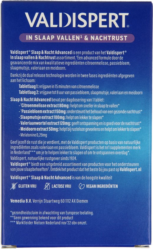 Valdispert Slaap & Nacht Advanced verpakking met "IN SLAAP VALLEN & NACHTRUST" en "Gluten Vrij, Lactose Vrij, Vegan Ingrediënten".