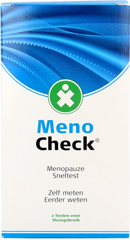 Doos met Meno Check menopauzesneltest. Wit met blauwe golvende lijnen. Met tekst 'Menopauze Sneltest. Zelf meten Eerder weten. 2 Testen voor thuisgebruik'.