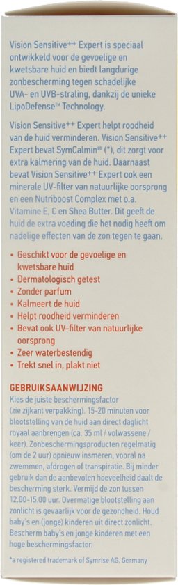 Vision Sensitive++ Expert zonnebrand: voor de gevoelige huid, dermatologisch getest, kalmeert huid, helpt roodheid verminderen.