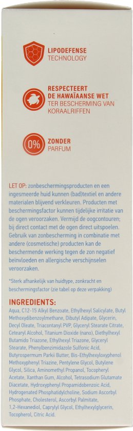 Achterkant van de verpakking met Lipodfense Technology en ingrediëntenlijst van Vision Sensitive++ Expert.