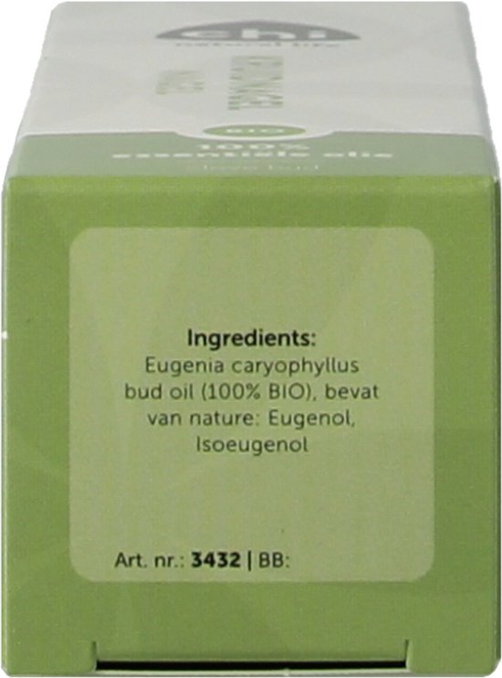 Onderkant van kartonnen verpakking met ingrediënten: Eugenia caryophyllus bud oil (100% BIO).