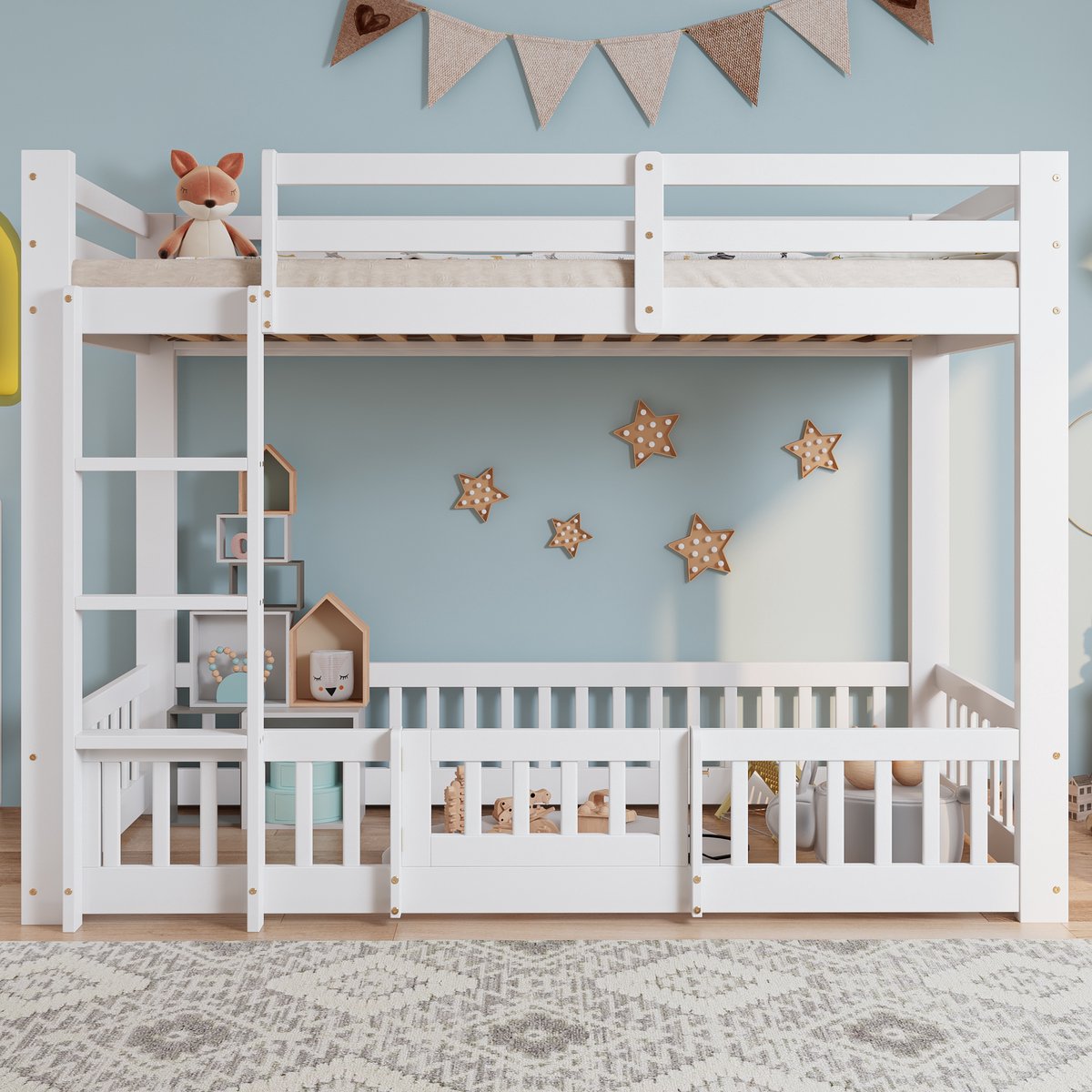 Merax Stapelbed - met rechthoekige trap - met leuning en deur - met valbeveiliging - vrije ruimte onder het bed - wit - 90x200cm - zonder matras