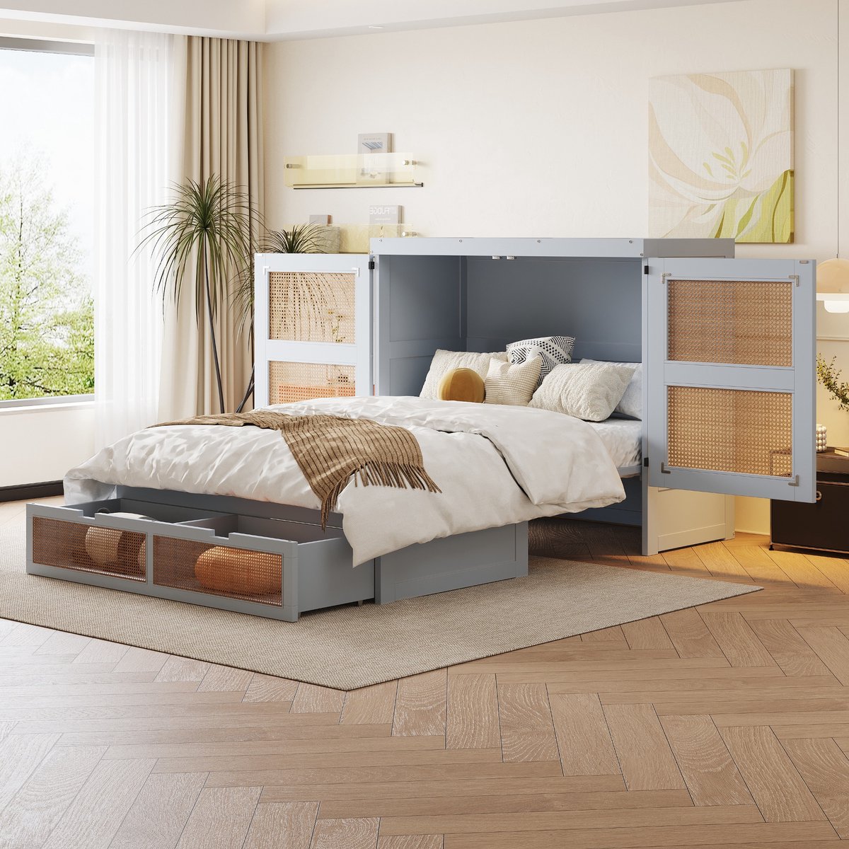 Sweiko Opklapbed - 140 x 200 cm - Opbergkast - 2 lades - Rieten ontwerp - Grijs