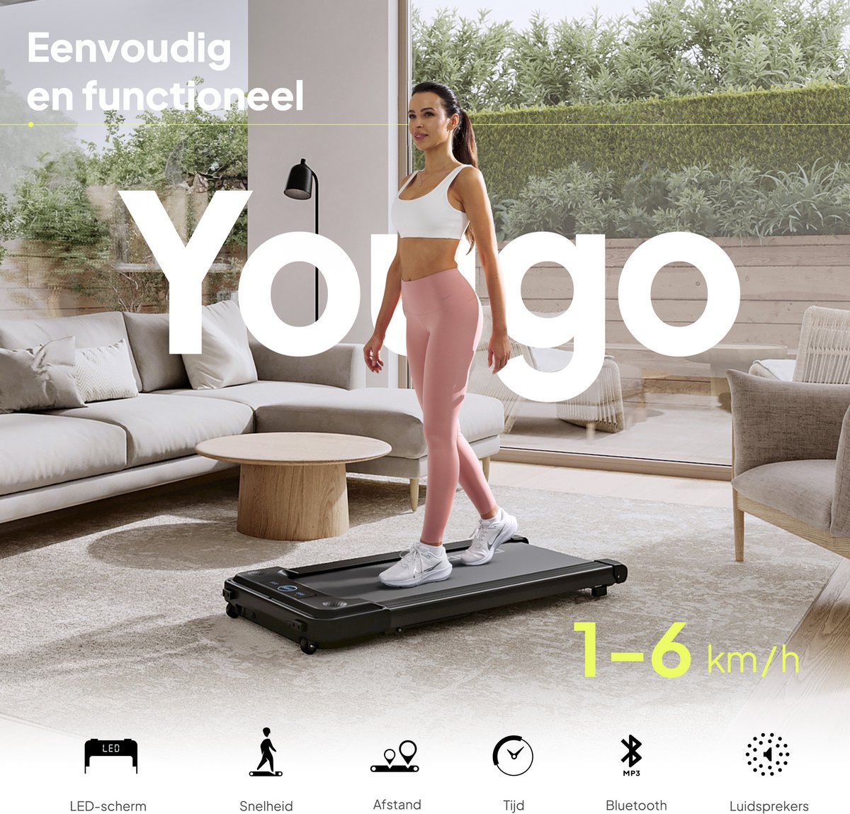 Afbeelding 3 van Zipro® Yougo Elektrische Loopband 1-6 km/h - Wandelband - Cardiotraining - LCD-display - Bluetooth - Eenvoudig opvouwen naar een verticale positie - Nauwkeurige gegevensmeting - Meting van verbrande calorieën