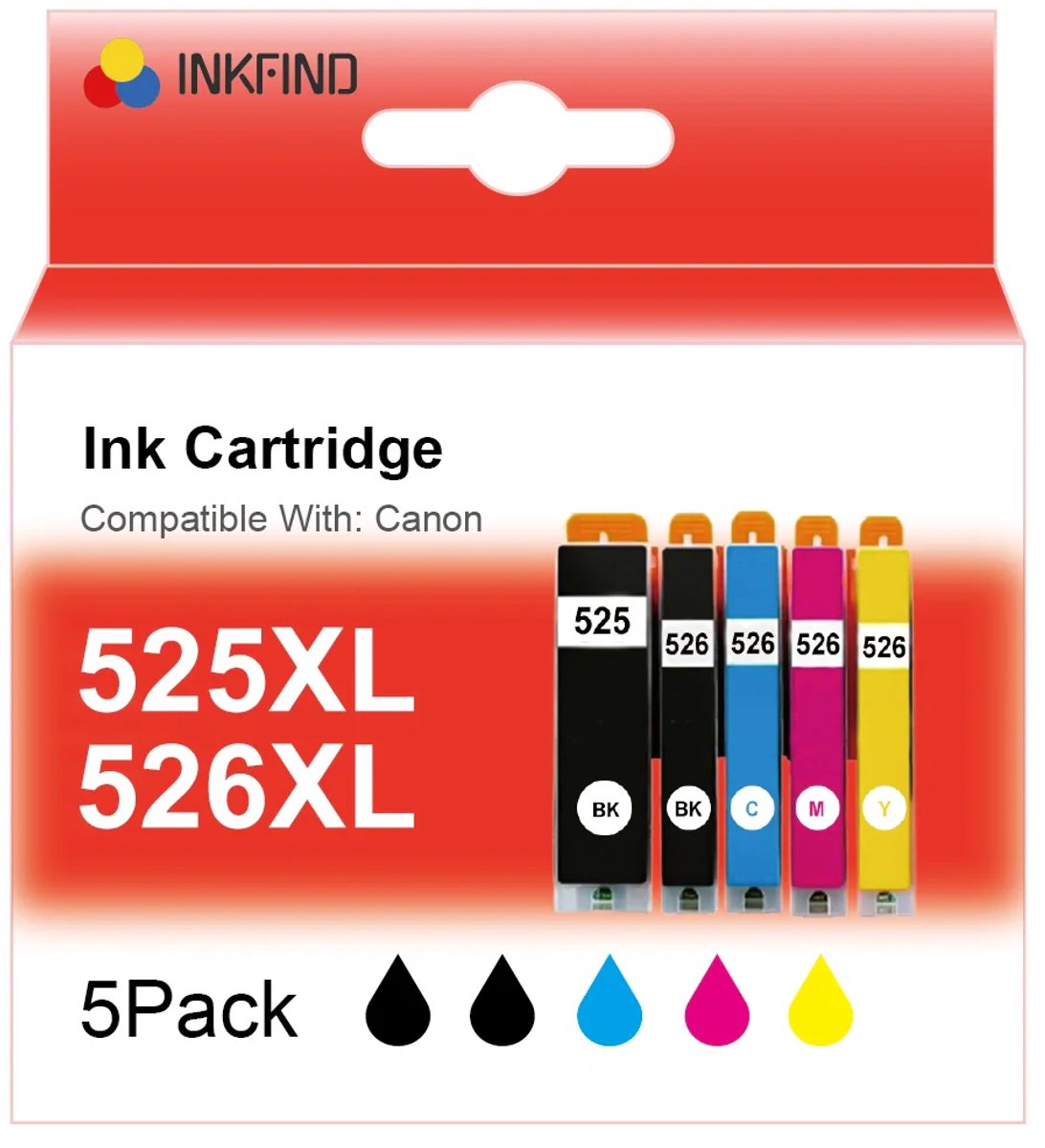 INKFIND PGI525XL CLI526XL Inktcartridge geschikt voor CanonPGI525 PGI-525 CLI526 CLI-526 Multipack van 5 stuks voor Canon Pixma IP4800 IP4850 IP4950 IX6550, MG5150 MG5200 5250 MG5300 5320 5350 MG6150 MG6250 MG8150 MG8250 MG715 MX715 MX884 MX885 MX890